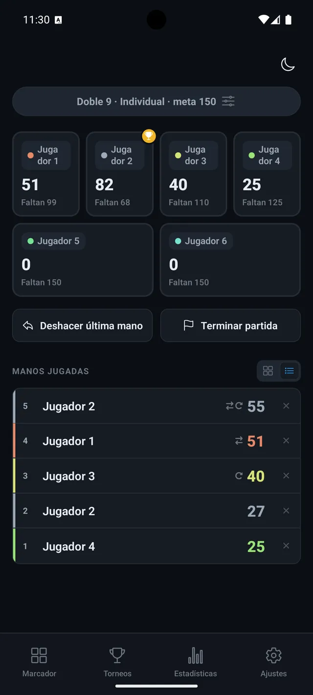 6 jugadores · modo oscuro