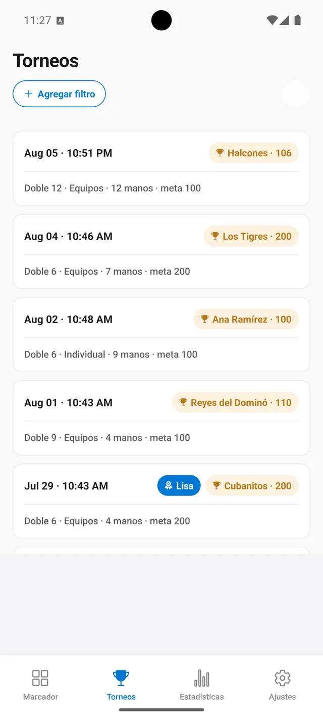 Todas tus partidas, con fecha y resultado